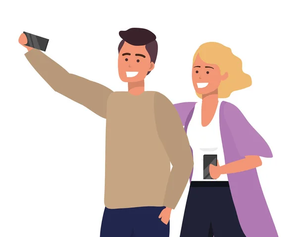 Millennial pareja smartphone tomando selfie — Archivo Imágenes Vectoriales
