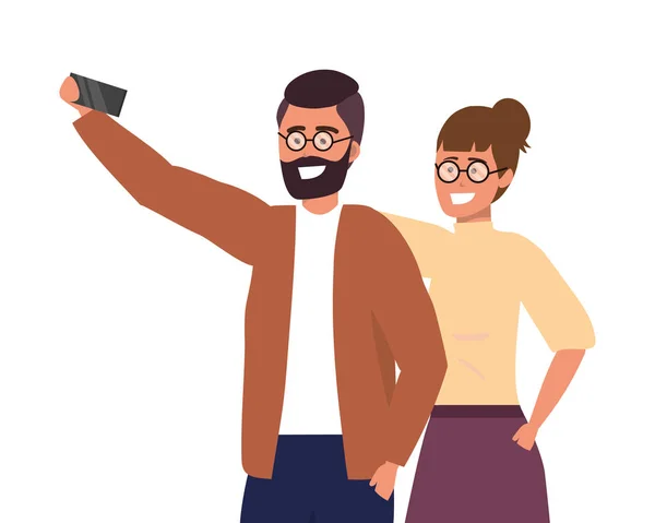 Millennial pareja smartphone tomando selfie — Archivo Imágenes Vectoriales