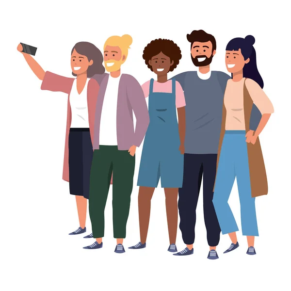 Millenial groupe diversifié prenant selfie — Image vectorielle