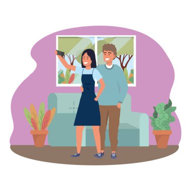 Bin yıllık çift akıllı telefon iç arka planda selfie alarak