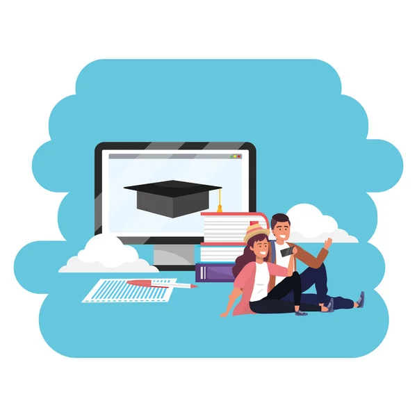 Online utbildning tusenåriga student laptop — Stock vektor