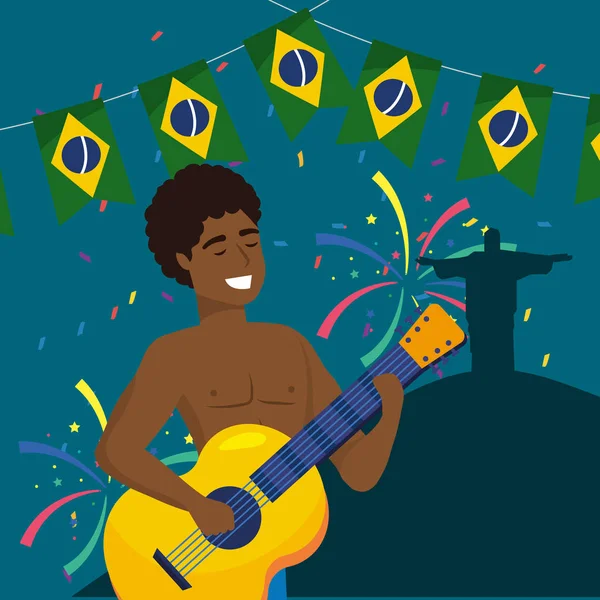 Homme musicien avec guitare et bannière brésilienne de fête — Image vectorielle