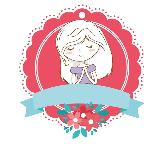 Linda chica de dibujos animados elegante vestido retrato floral flor marco — Vector de stock