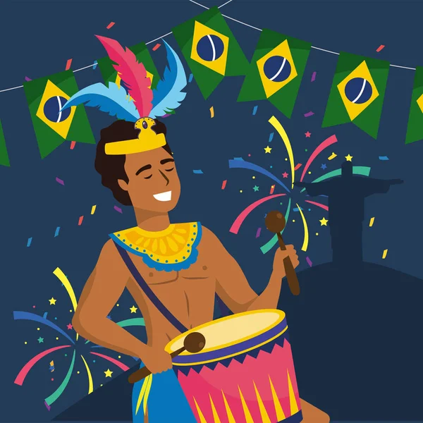 Homem músico com tambor e festa brasil banner — Vetor de Stock
