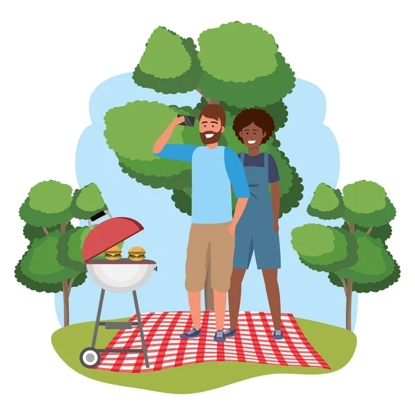 Millennial pareja fecha picnic marco de fondo — Vector de stock