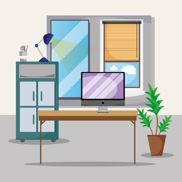 Bureau avec bureau et accessoires plat pour travailler — Image vectorielle
