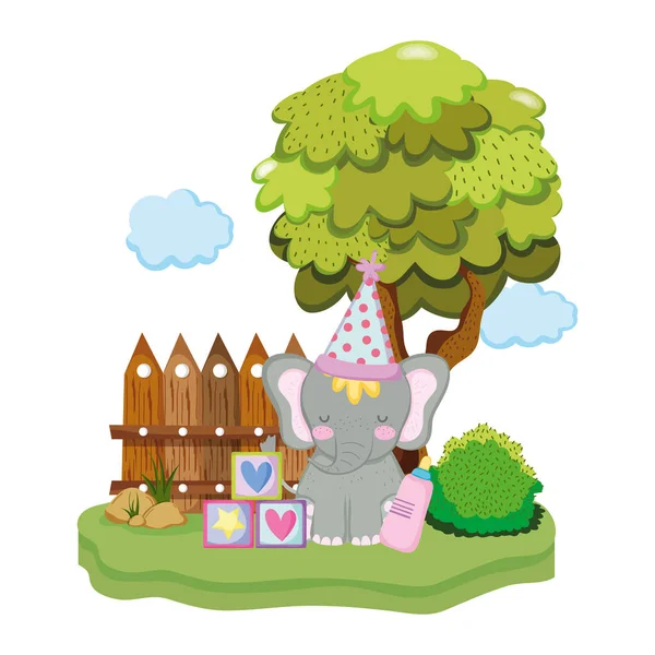 Elefante lindo y pequeño con sombrero de fiesta — Vector de stock