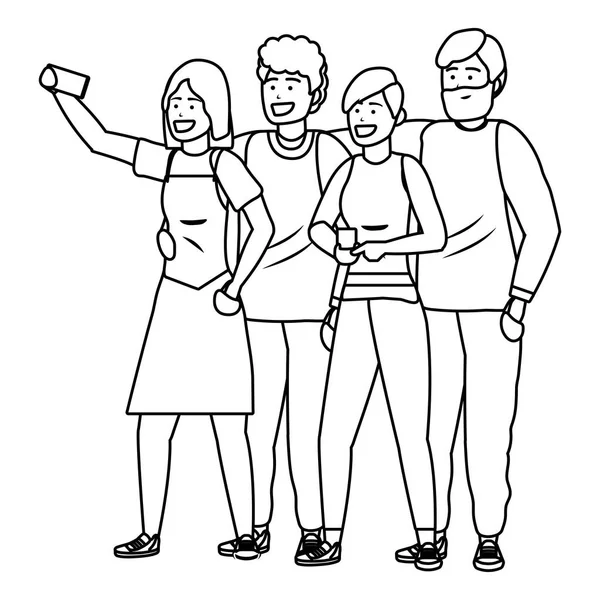 Groupe millénaire prenant selfie noir et blanc — Image vectorielle