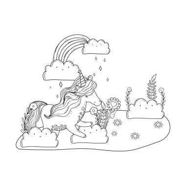 manzara gökkuşağı ile güzel küçük Unicorn