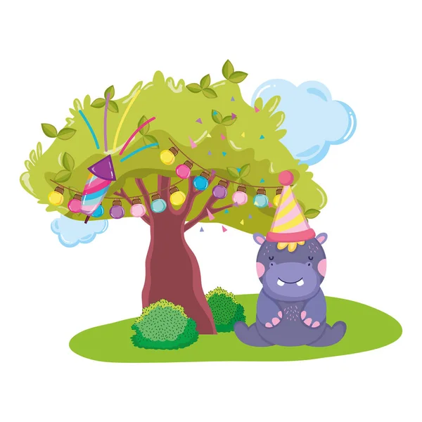 Niedliche und kleine Nilpferd-Figur mit Party-Hut — Stockvektor