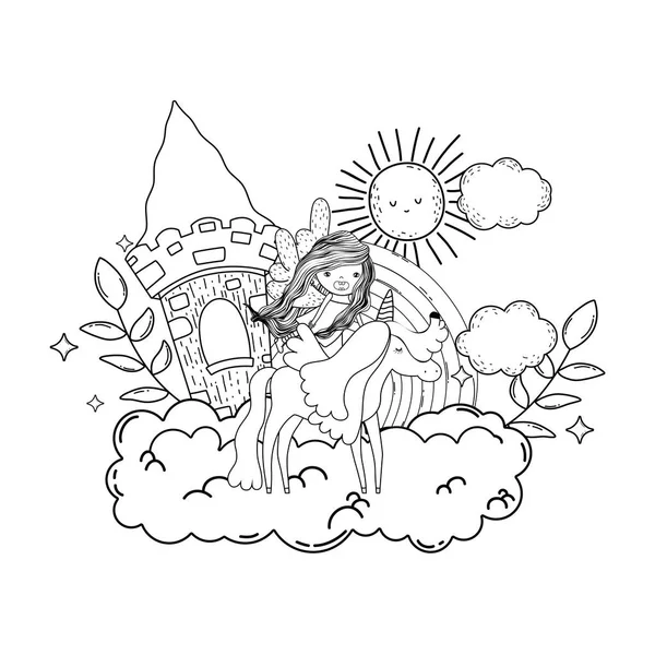 Castillo con unicornio y hada en las nubes — Vector de stock