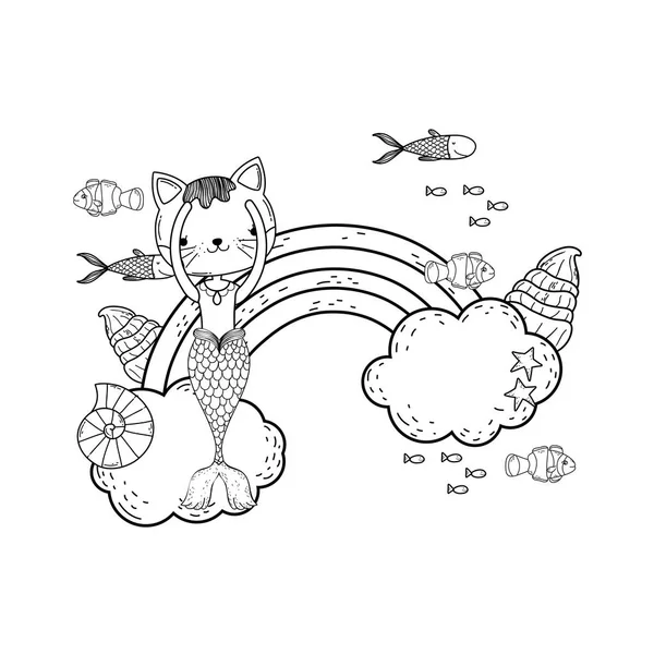 Purrmaid with clouds and rainbow undersea — Stock Vector