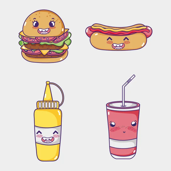 Colección de comida rápida kawaii dibujos animados — Vector de stock