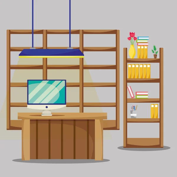 Bureau avec accessoires de bureau plats pour travailler — Image vectorielle