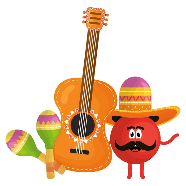 Mexikanischer Emoji-Charakter mit Gitarre und Maracas — Stockvektor