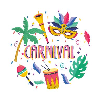 palmiye ağaçları ve festival davul ile trompet ile maske