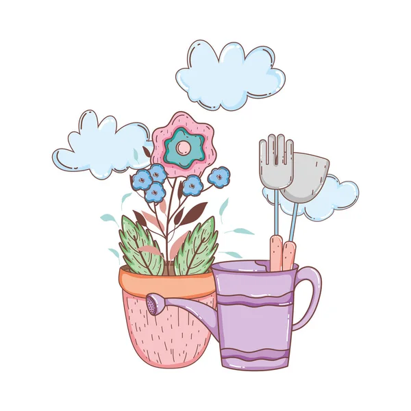 Rociador de ducha jardinero con hojas y flores — Vector de stock
