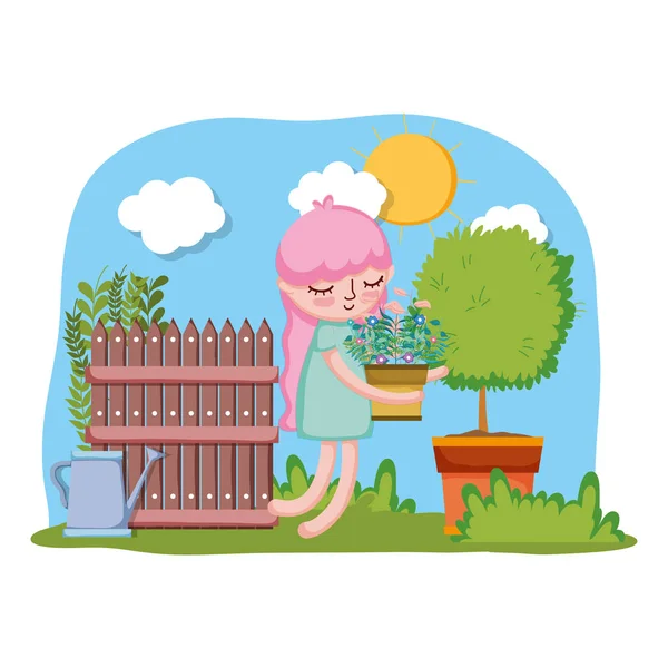 Маленькая девочка поднимает ковровое покрытие с деревом и забором — стоковый вектор