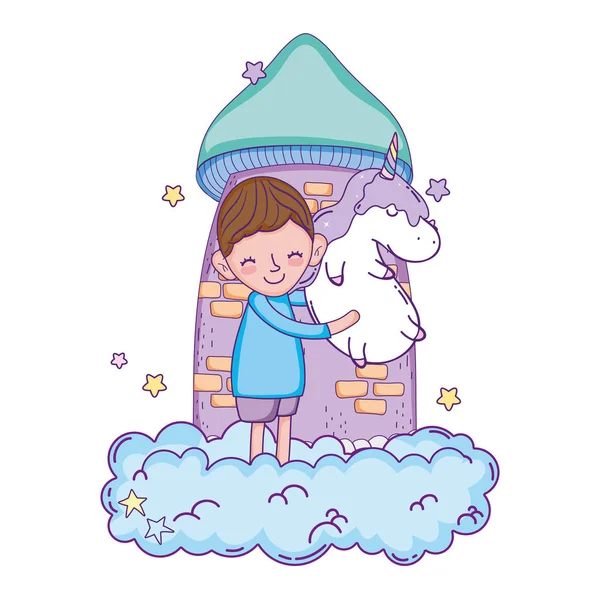 Kleine jongen met Unicorn kawaii karakter — Stockvector