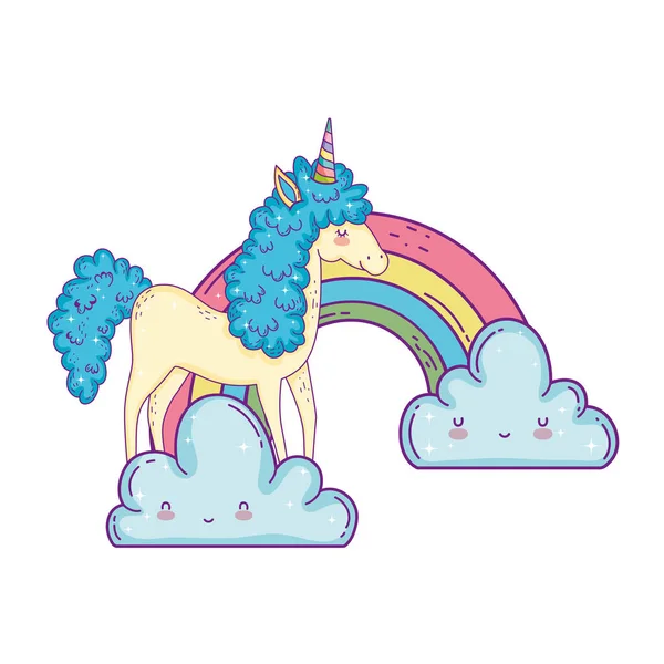 Beautiful little unicorn in the clouds and rainbow — Stock Vector