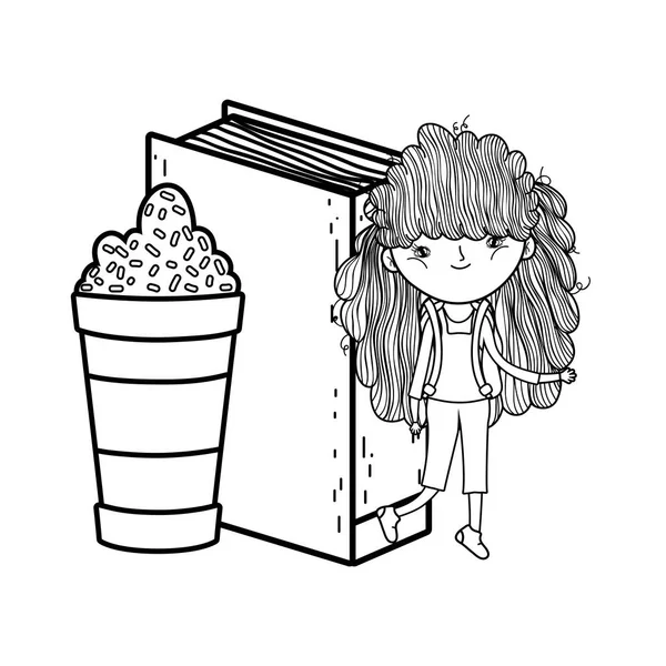 Menina feliz leitura livro com milkshake — Vetor de Stock