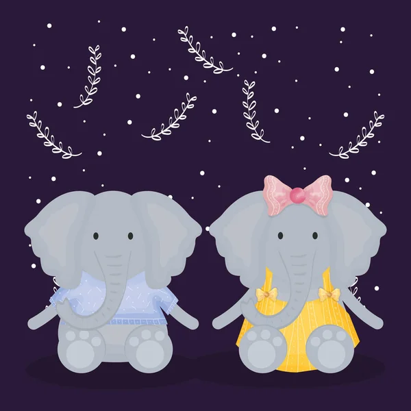 cute couple elephants with clothes characters