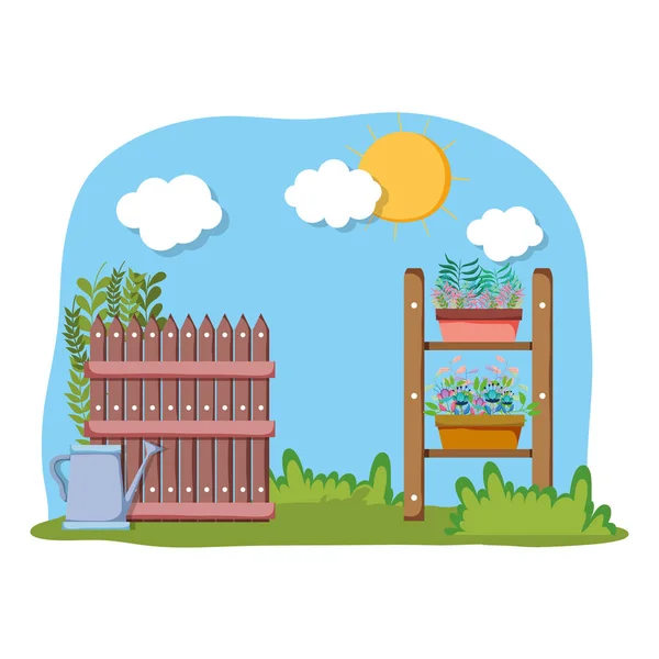 Arroseur de jardin avec clôture dans la scène du champ — Image vectorielle