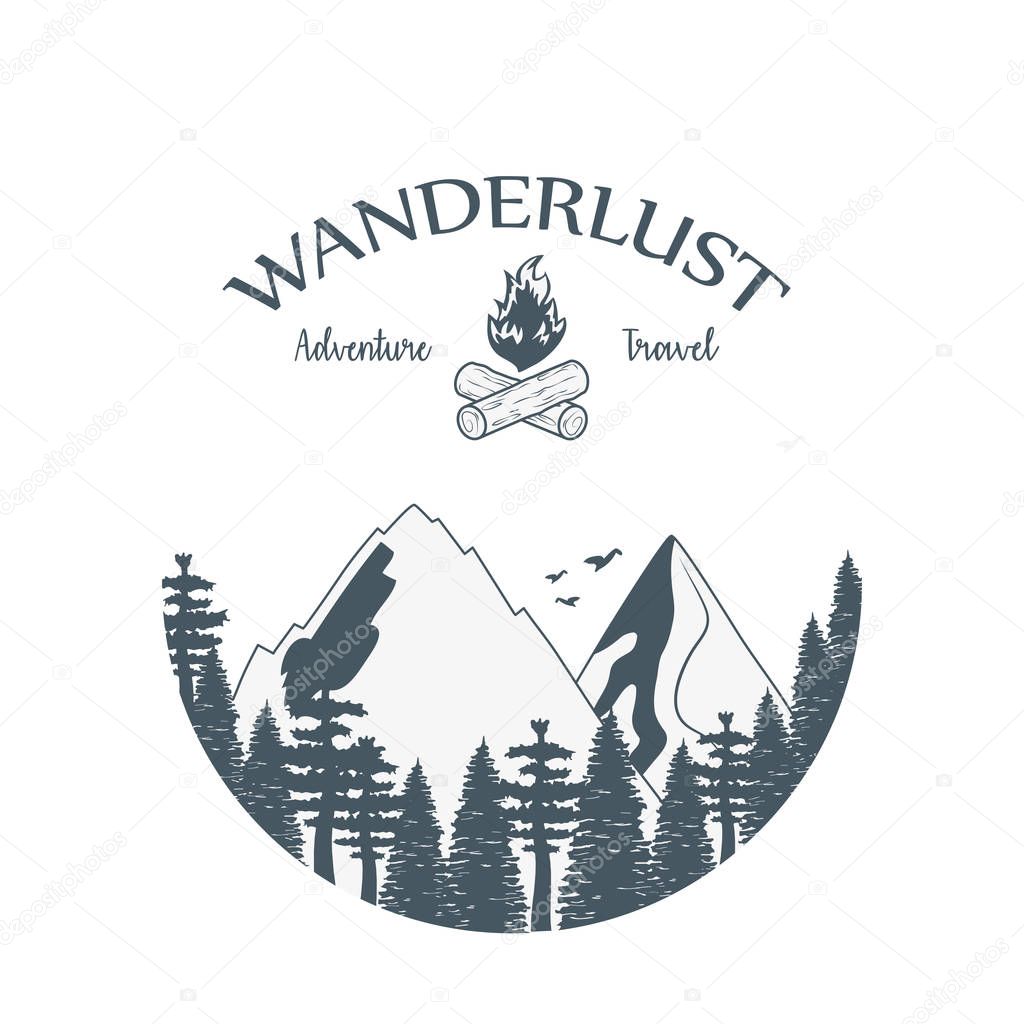 wanderlust label with forest scene and campfire