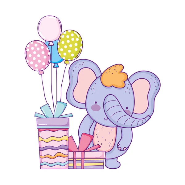 Elefante con regalos y globos helio — Vector de stock