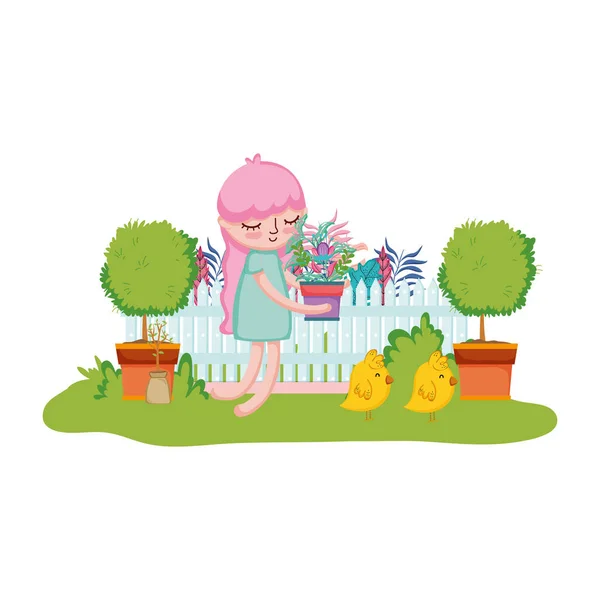 Petite fille levant plante d'intérieur avec clôture et poussin — Image vectorielle
