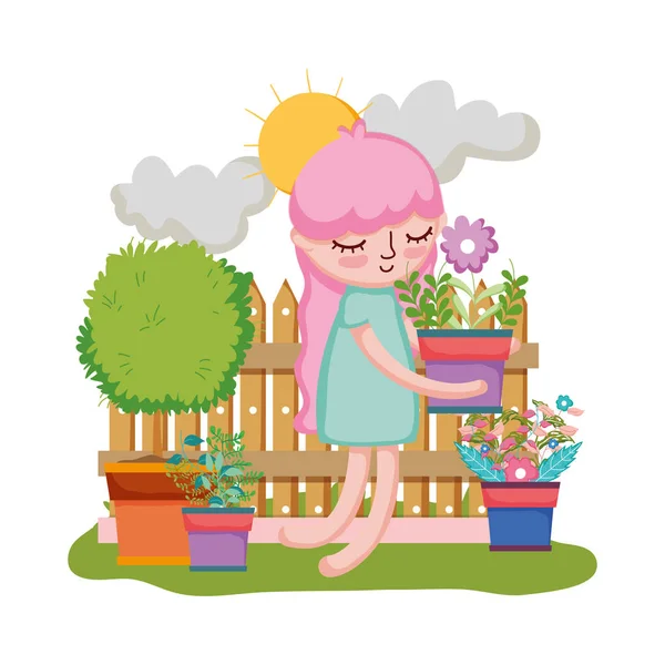 Niña levantando planta de interior con valla en el jardín — Vector de stock