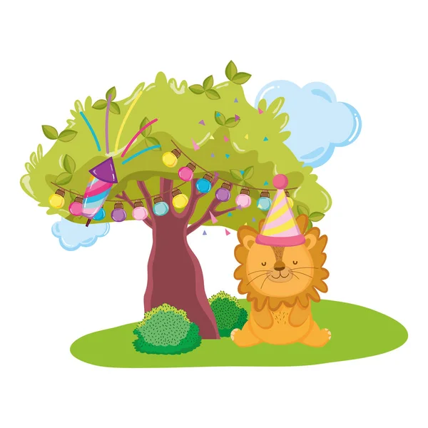 Cute and little lion with party hat — Stock Vector
