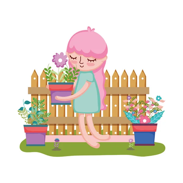 Niña levantando planta de interior con valla en el jardín — Vector de stock