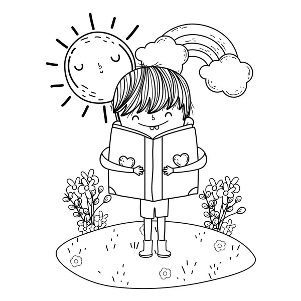 Glücklicher kleiner Junge liest Buch im Garten — Stockvektor