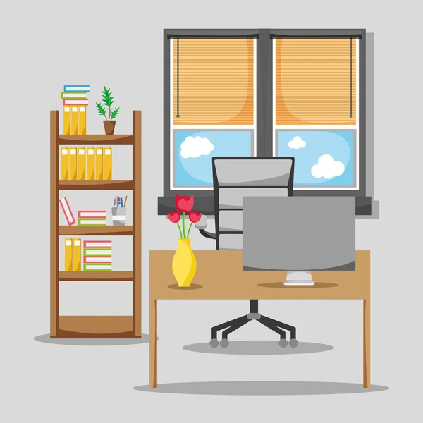 Appartement de bureau avec bureau et accessoires de travail — Image vectorielle