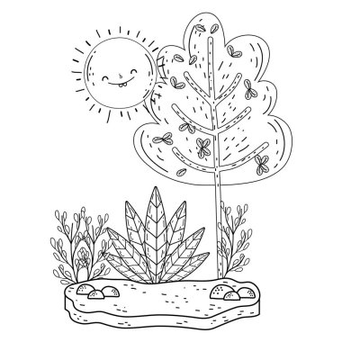 Güneş kawaii ve ağaçları ile güzel manzara