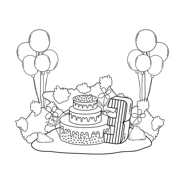 Beautiful landscape with party cake and balloons helium — Stock Vector
