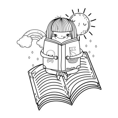 gökkuşağı ve güneş kawaii ile kitap okuma kız