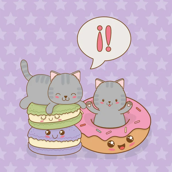 Mignons petits chats avec des beignets personnages kawaii — Image vectorielle