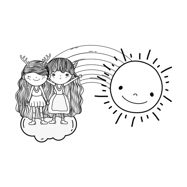 Мила пара маленьких фей з веселкою і сонцем — стоковий вектор