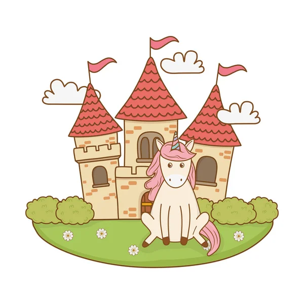 Lindo unicornio de cuento de hadas con castillo en el paisaje — Vector de stock