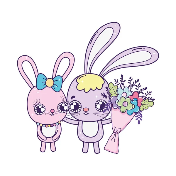 Söta kaniner par med blommor alla hjärtans dag — Stock vektor