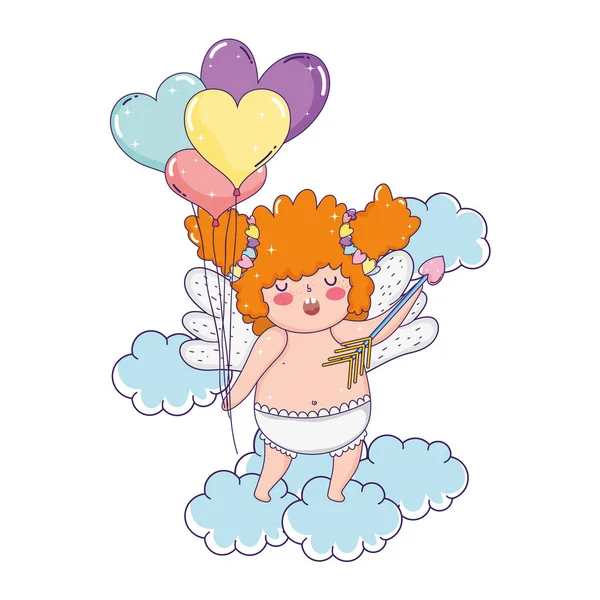Lindo cupido gordito chica con globos helio corazón forma — Vector de stock