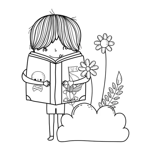 Счастливый мальчик, читающий книгу в саду — стоковый вектор