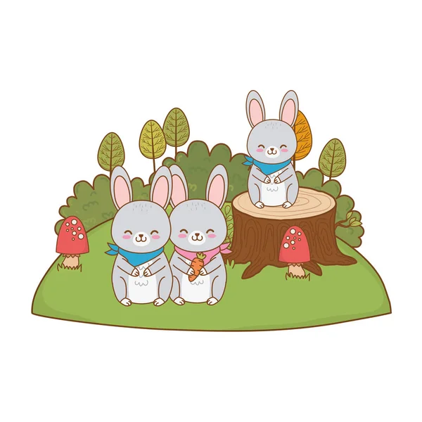 Cute rabbits in the field woodland characters — Stock Vector