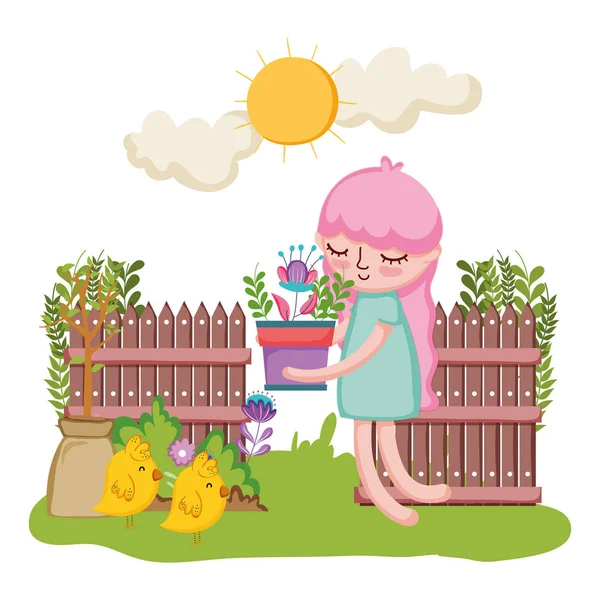 Маленькая девочка поднимает комод с забором и цыпочкой — стоковый вектор