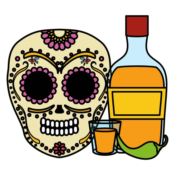 Máscara de muerte de cráneo mexicano con botella de tequila — Vector de stock