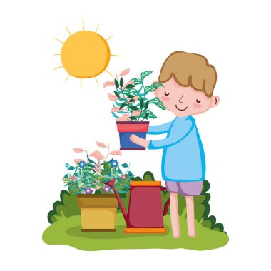 Çocuk bahçede yağmurlama ile houseplant kaldırma