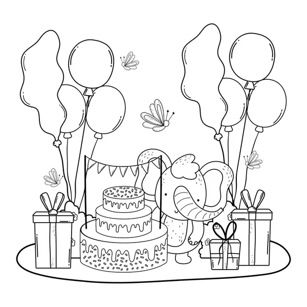 Elefant mit Kuchen und Luftballons Helium im Feld — Stockvektor