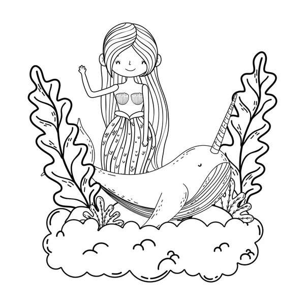 Belle sirène avec narval personnage de conte de fées — Image vectorielle